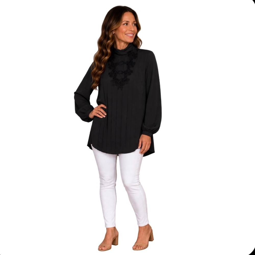VTG SELLECCA Black Pleated High-Neck L/S Blouse Size 12